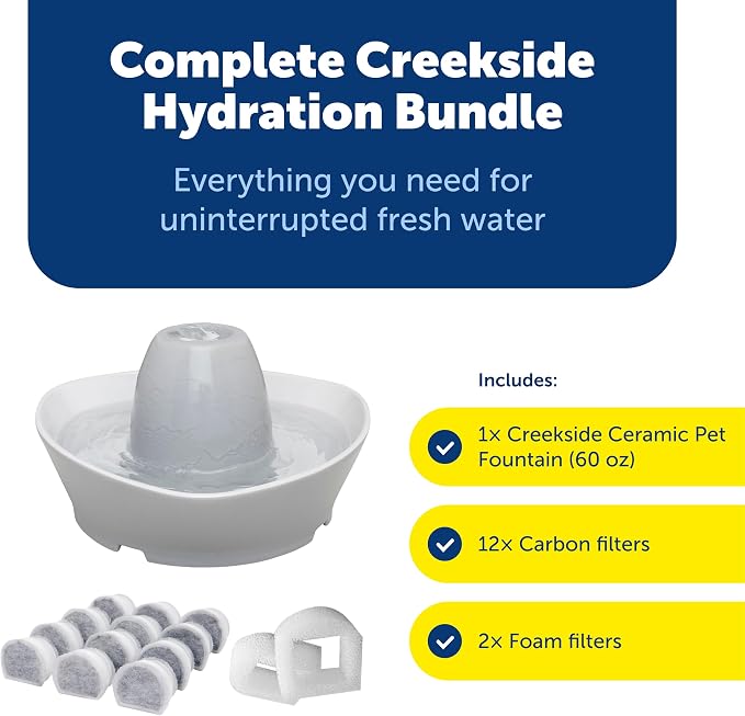 PetSafe Ceramic Pet Fountain for Cats and Small Dogs 60 Oz Water Capacity Whisper-Quiet Water Flow Great for Shy or Timid Pets Fresh, Filtered Water - Extra Carbon and Foam Filters Included