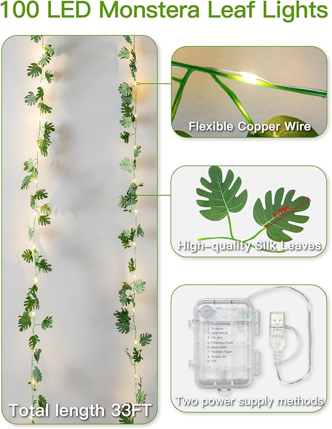suddus Vines with Fairy Lights Battery & USB Powered Operated, 33ft 100 LED Monstera Leaves String Lights with Remote, Artificial Plants for Indoor, Bedroom, Wall, Party Tropical Decor(Warm White)