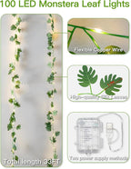 suddus Vines with Fairy Lights Battery & USB Powered Operated, 33ft 100 LED Monstera Leaves String Lights with Remote, Artificial Plants for Indoor, Bedroom, Wall, Party Tropical Decor(Warm White)