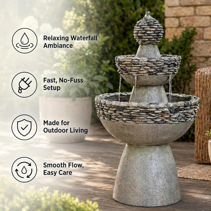 Teamson Home 36.5 in. Outdoor 3-Tier Zen-Style Pedestal Water Fountain in. with Stone Trim with Pump and 2.64 Gallon Capacity, Stone Gray