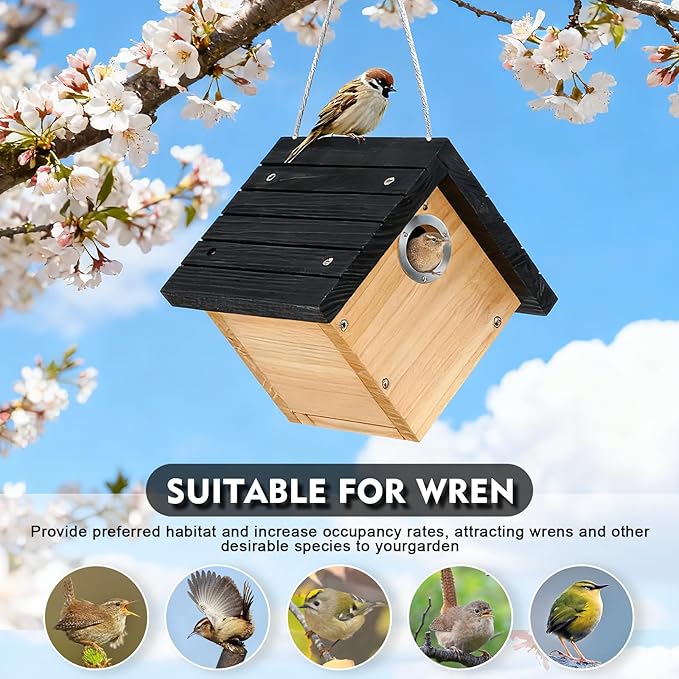 Wren Bird House for Outside, Hanging Wood Nesting Box for House Wrens & Carolina Wrens, 1-1/8" Entrance Hole, Air Vents & Clean-Out Door, Weather-Resistant Birdhouse for Backyard Watching 2 Pack Black