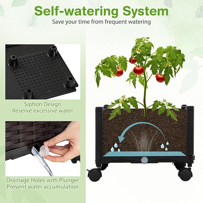 Giantex Planter Boxes with Arch Trellis, 5FT Self-Watering Tall Raised Garden Bed w/Wheels, Hanging Roof & Drainage Holes, Outdoor Indoor Tomato Planter for Climbing Vines Vegetables (61"x16"x64")
