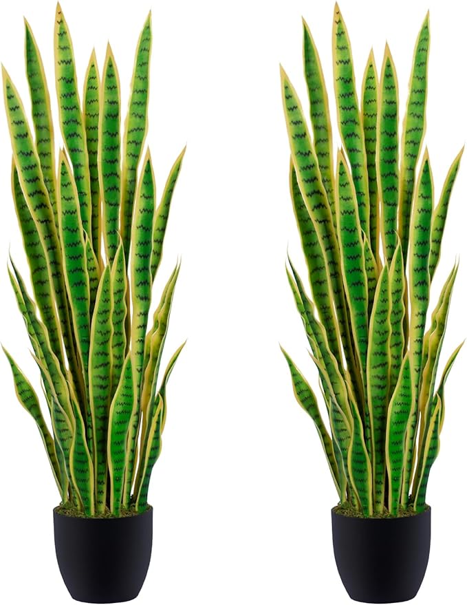 4ft Artificial Snake Plant – 46in Faux Sansevieria Plants, Fake Floor Plant for Indoor Outdoor, Front Porch Patio Home Office Decor, Mother-in-Law’s Tongue, Yellow 2Pcs