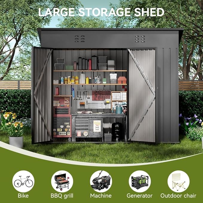 COMHOMA Shed Outdoor Storage Shed Metal,Lockable Doors Tool Sheds with Sloping Roof,Steel Garden Shed with Air Vent for Backyard,Patio,Lawn,Poolside(Grey,8'*4')
