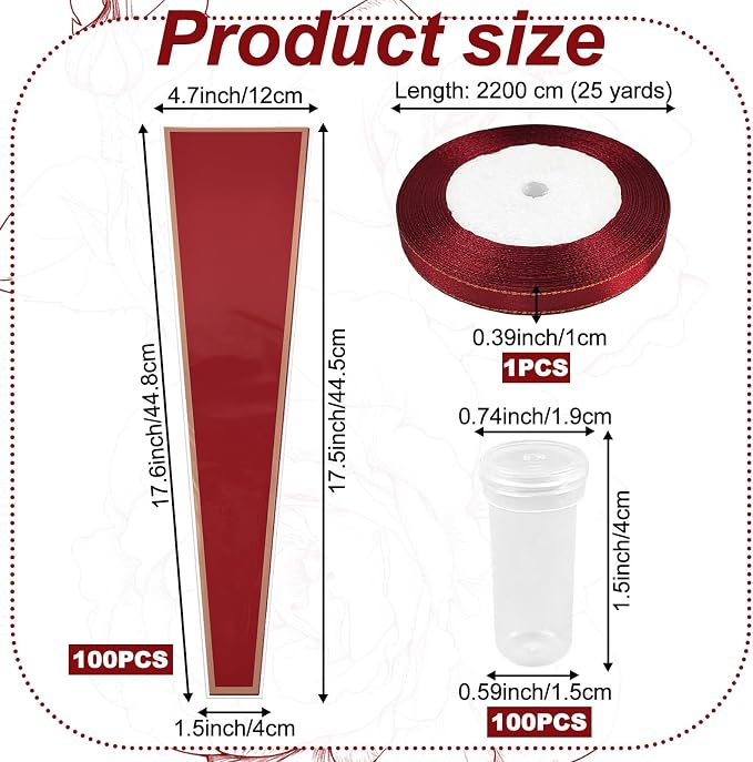 Flower Packaging Kit, 100 Flower Wrapping Bag Single Rose Sleeve 100 Floral Water Tubes 72ft Ribbon Single Flower Packaging Bags for Wedding Mother's Day Florist Birthday Flower Wrapping (Red)