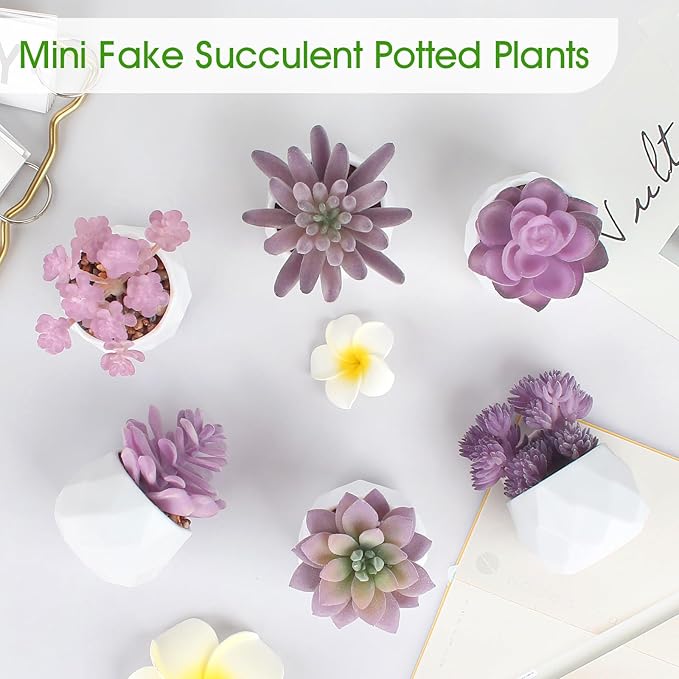 ZINHO Fake Succulent Plant Set 6 PCS Artificial Succulent Plants for Desk Realistic Faux Succulents in Plastic Pots Mini Colorful Succulent Decor for Bedroom Bathroom Office Shelf Decor (Purple)