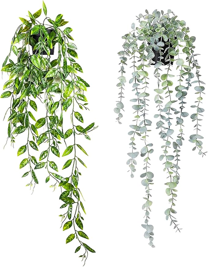 2 Packs Fake Potted Plants Artificial Hanging Plant with Black Pot Faux Hanging Potted Flowers Faux Pathos Vine Plant - Ideal for Shelf Decor Home Office Indoor Decoration (Eucalyptus + Dutch bean)