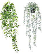 2 Packs Fake Potted Plants Artificial Hanging Plant with Black Pot Faux Hanging Potted Flowers Faux Pathos Vine Plant - Ideal for Shelf Decor Home Office Indoor Decoration (Eucalyptus + Dutch bean)