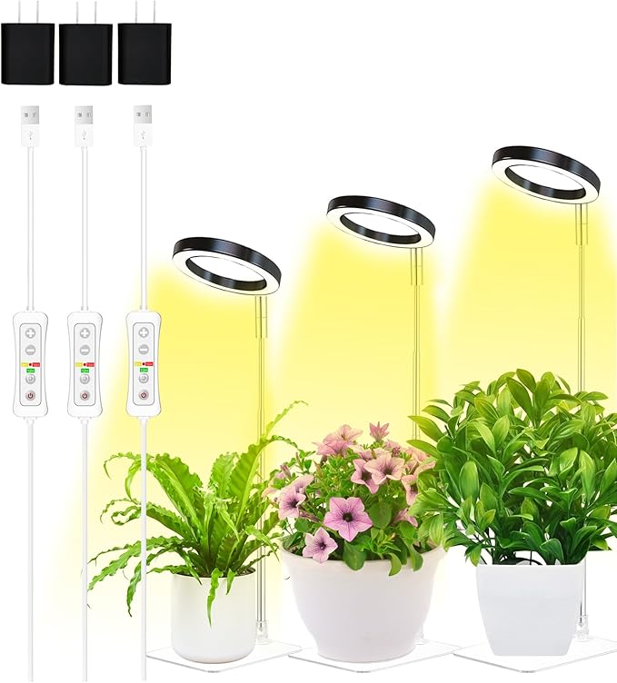 yadoker Plant Grow Light, LED Growing Light with Base,Full Spectrum for Indoor Plants,Height Adjustable, Automatic Timer, 5V Low Safe Voltage,Idea for Small Plant Light(3 Pack)