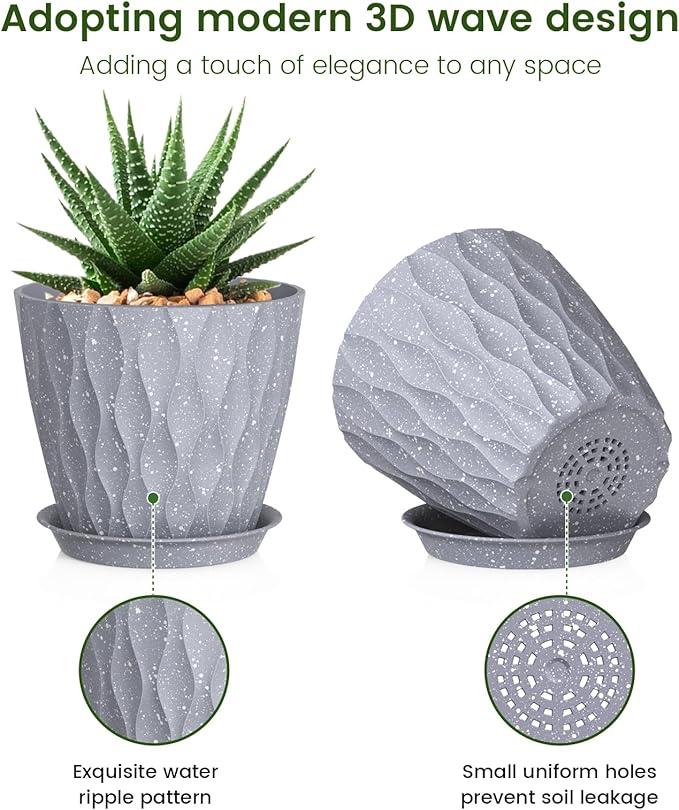 Meowell 5 inch Plant Pots for Indoor Outdoor Plants, 6 Pack Thick Flower Pots with Drainage Holes and Saucers, 3D Modern Wave Texture Small Plastic Planters Nursery Pots, Speckled Grey