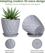 Meowell 5 inch Plant Pots for Indoor Outdoor Plants, 6 Pack Thick Flower Pots with Drainage Holes and Saucers, 3D Modern Wave Texture Small Plastic Planters Nursery Pots, Speckled Grey
