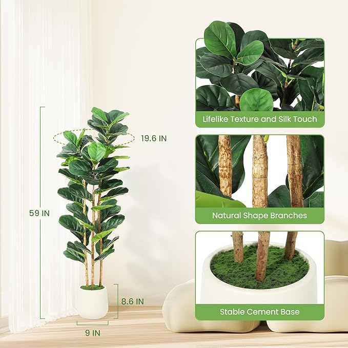 5FT Artificial Fiddle Leaf Fig Tree - Faux Rubber Tree with White Pot - Tall Fake Floor Plant with 56 Leaves - Artificial Plant for Home Decor Indoor Office Living Room