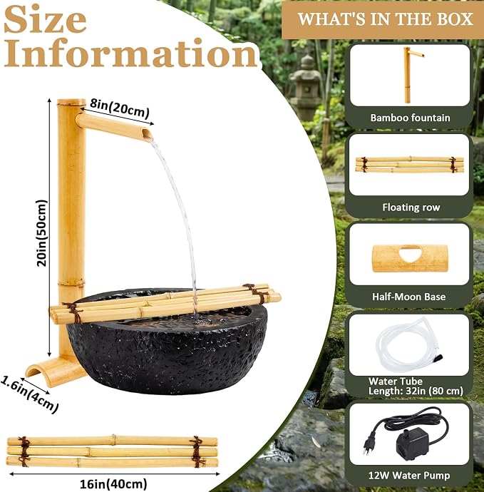 20'' Natural Bamboo Fountain Kit with Adjustable Split-Resistant Spout Quiet Pump and Tubing Japanese Water Feature for Zen Outdoor Patios Landscaping Garden Decor(with Floating Ring)