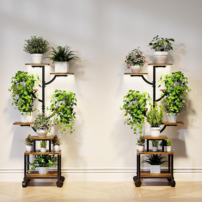 Plant Stand Indoor with Grow Lights - 7-Tier Plant Stand with Wheels, Tall Metal and Wood Indoor Plant Shelf with Tree Design, Rolling Flower Pot Holder Rack with Waterproof Finish, Adjustable Display Stand for Home Garden, Patio, 41" Tall