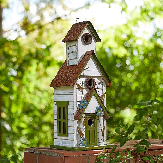 Glitzhome Hanging Birdhouse for Outside, Oversized Solid Wood 3-Story Villa Bird House, 20" H Distressed Pet Cottage Decorative Birdhouse for Outdoor Patio Garden