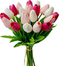 Mandy's Shades of Pink Artificial Tulips Flowers Centerpiece, 13.5" Lifelike PU Fake Floral Stems 20pcs for Kitchen Island & Dining Table, Spring Decor for Easter