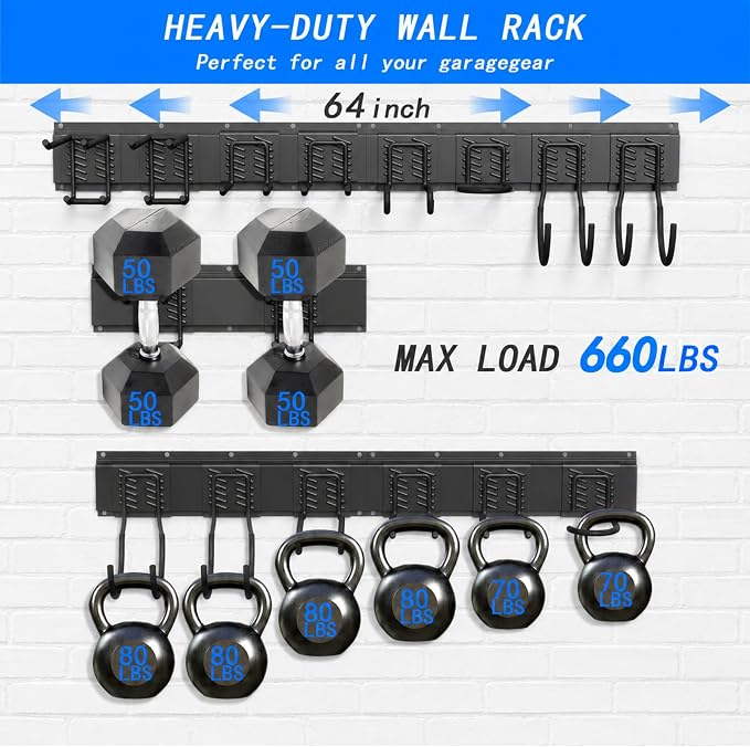 CBWLWJ Garage Tool Organizer Wall Mount, 64 inch Garage Wall Organizer, 660lbs Sturdy Garden Tool Organizer with 8 Adjustable Hooks, for Yard, Shed, Basement, Workshop(Black)