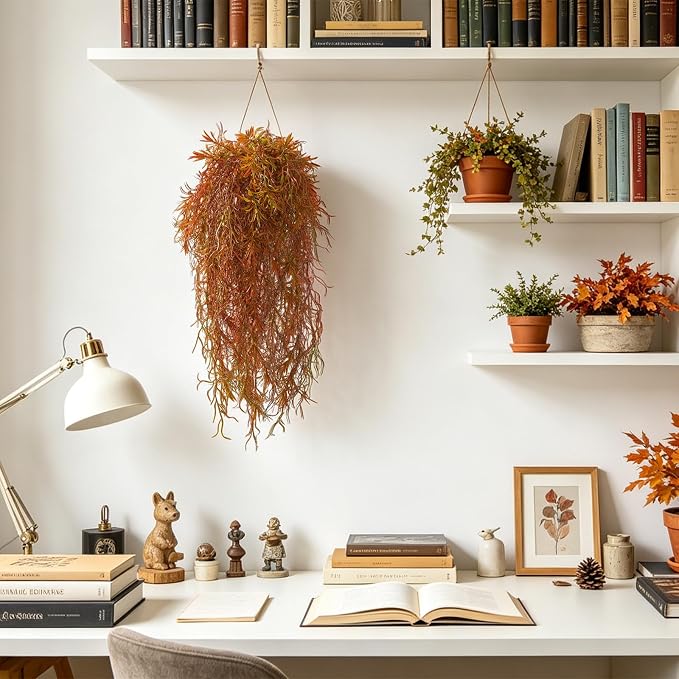dallisten 4Pcs Autumn Fake Hanging Fern Plants for Outdoors, UV Resistant Artificial Ferns Fall Vines Faux Trailing Plants for Indoor Wall Porch Home Thanksgiving Halloween Decor(4PCS Orange Ferns)