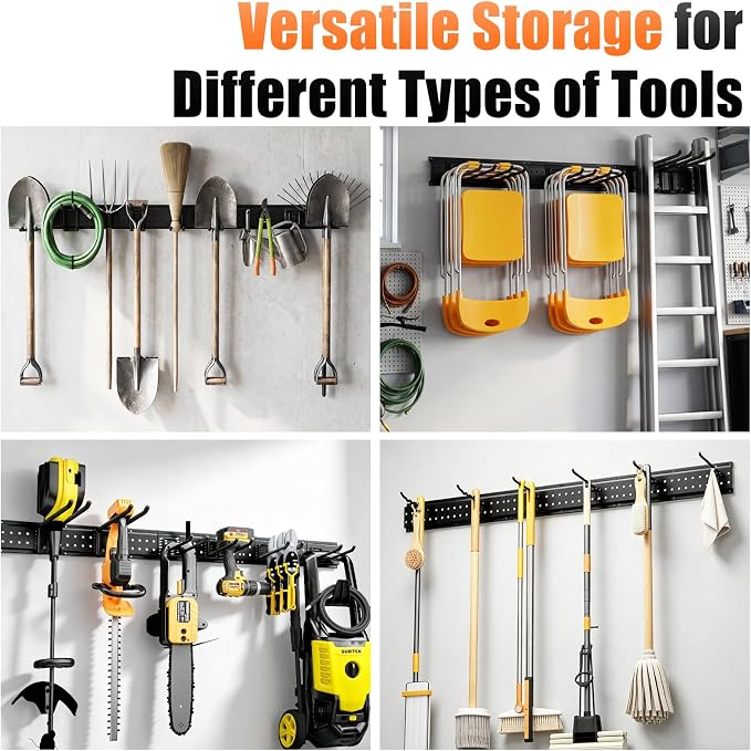 Garage Tool Organizer Wall Mount 99 inches with 18 Adjustable Heavy-Duty Hooks, Garage Organization, Garden Tool Storage Rack for Garage, Yard, and Shed, Holds Up to 750 lbs