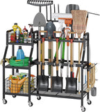 keomaisyto Garden Tool Organizer with 6 Wheels(3 lockable), Heavy Duty Yard Tool organizer with 2 Basket, Large Metal Garage Tool Organization and Storage for Garage/Shed/Yard/Broom Closet/Lawn