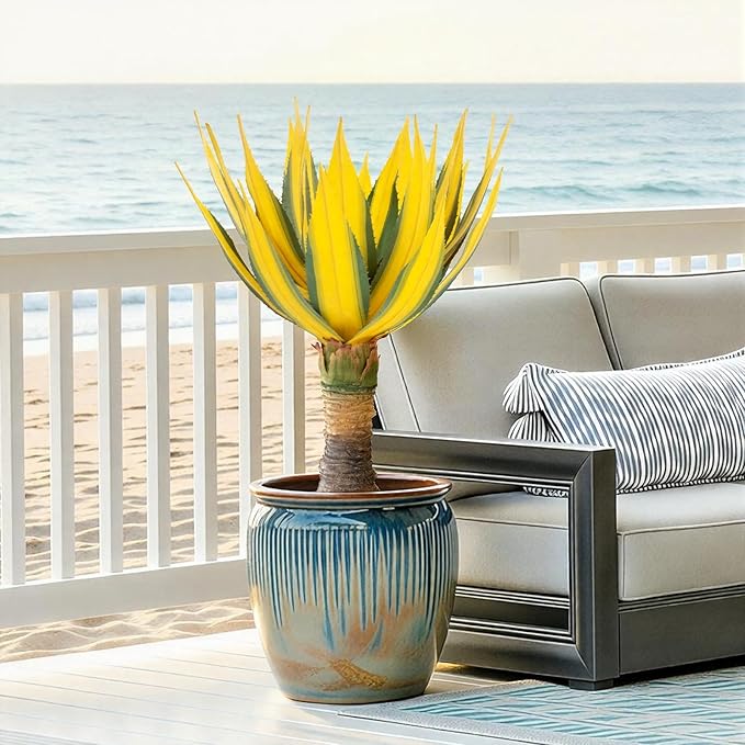 Artificial Green Edged Gold Leaf Spiny Agave Plant with 23 Leaves, 31.49in Faux Agave for Indoor & Outdoor Home Decor Perfect for Porch Living Room Bedroom, Patio & Office