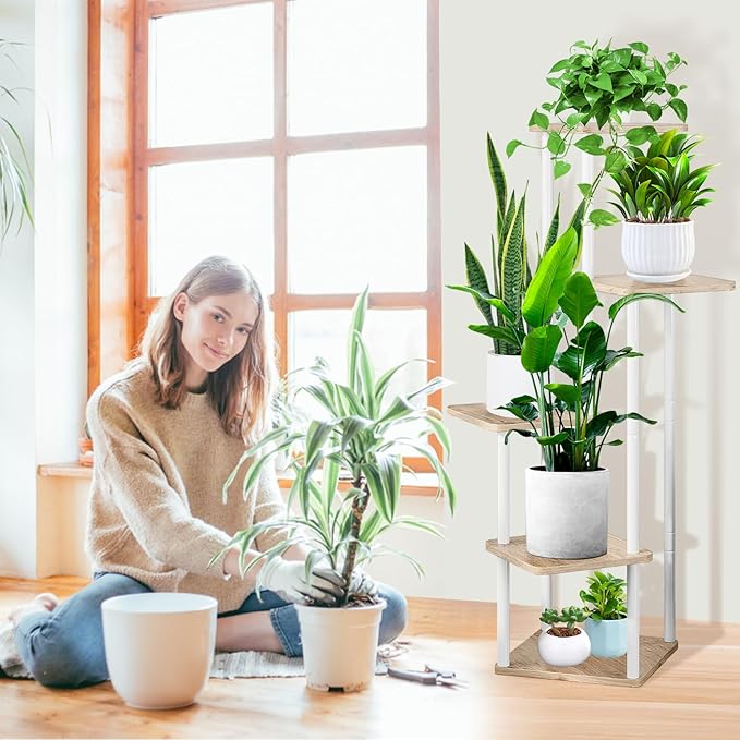 5 Tier Plant Stand Indoor, Thickened Metal Wood Corner Plant Shelf Stands for Multiple Plants, Indoor Tall Plants Stand Tiered Flower Holder for Living Room Patio Garden Balcony(White+Oak)