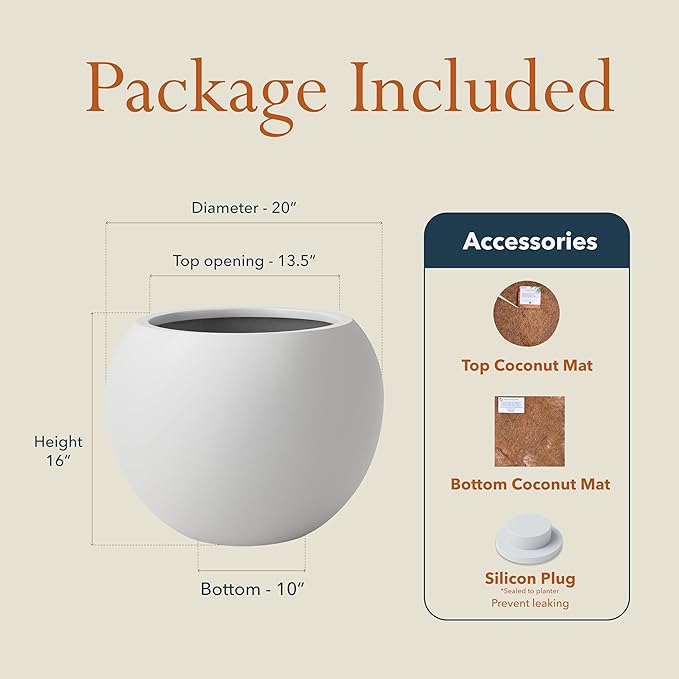 16" H x 20" D Premium Globo Fiberstone Round Planter with Drainage Hole, Weather Resistant for Indoor and Outdoor Use, Included 2 Extra Coco Mats (Light French Gray, 13.5" Pot Opening)