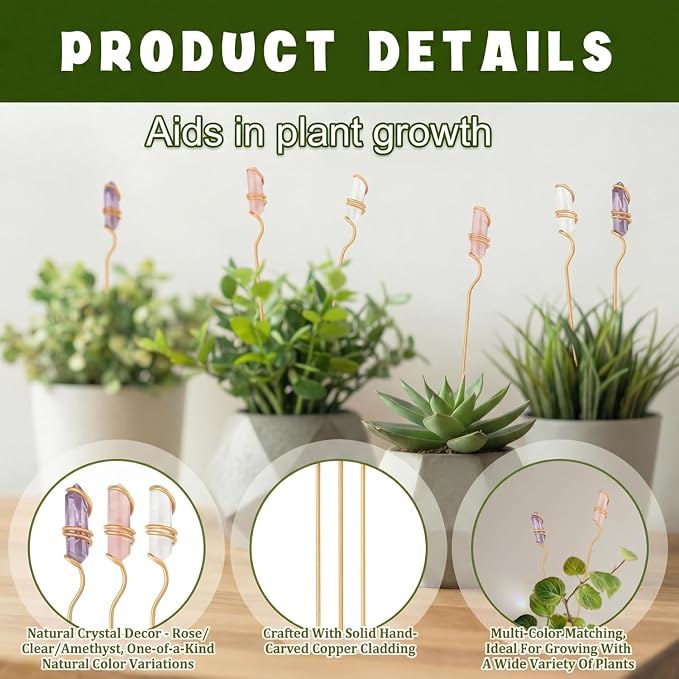 Threehoney 12 Pcs Crystal Plant Trellis for Potted Plants, 9.84'' Metal Plant Stakes with Natural Crystal Suncatcher, Indoor Outdoor Climbing Vegetation Support Stake for Home Garden Decor Gift