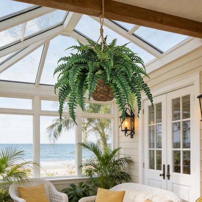 Hollyone Large Fake Hanging Ferns 49 Leaves Boston Ferns Artificial Plants Outdoor Indoor Potted Plant 23.6inch Faux Fern in Baskets Pot Artificial Hanging Fern Bush Plant for Patio Garden Porch Decor