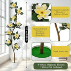 Jexine 7 ft Artificial Rubber Tree with 9 Magnolia Flowers in Pot Extra Tall Faux Magnolia Tree Fake Plant Indoor Floor Plant for Indoor Living Room Office Home Decor
