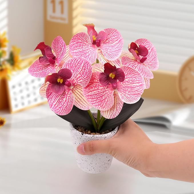 Artificial Orchid Flower Potted Plants Real Touch Small Fake Phalaenopsis Moth Decoration for Home Office Table Centerpiece Desk Shelf