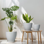 Ceramic Plant Pots - 10+8+6 Inch Modern Round Planters for Indoor Outdoor, Flower Pots with Drainage Holes and Plant Saucers, House Office Decor, Gardening Gifts, Set of 3, Grey