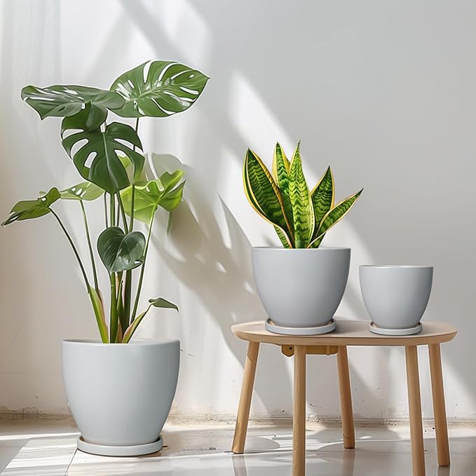 Ceramic Plant Pots - 10+8+6 Inch Modern Round Planters for Indoor Outdoor, Flower Pots with Drainage Holes and Plant Saucers, House Office Decor, Gardening Gifts, Set of 3, Grey