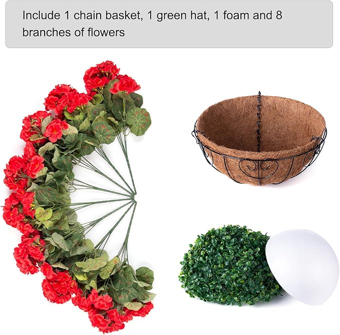 INSPRING Geraniums Artificial Flowers Hanging Basket for Outdoors Outside Spring Decoration, 8 Bundles Silk Flowers Fake Plants Look Real UV Resistant for Porch Home Patio Balcony Yard, Red