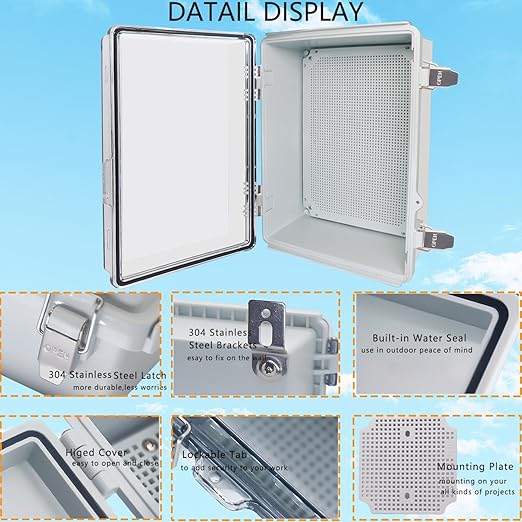 Waterproof Junction Box, ABS Plastic Electrical Box with Stainless Steel Latch, Hinged Cover Electric Project Enclosure Box with Mounting Plate, Wall Brackets,Clear 15.7"x11.8"x7.1