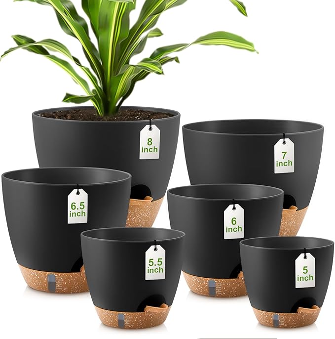 QRRICA Plant Pots 8/7/6.5/6/5.5/5 Inch Self Watering Pots, with Drainage Holes and Saucers,Water Level Indicator & Deep Reservoir,Large Plastic Planter for Indoor Out Door Plants (Black)
