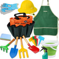 Kidz Gardening Set -Real Metal Gardening Tools Kit for Childrenz Includes Sturdy Shovel,Rake,Fork,Trowel,Kidz Garden Kit with Sun Hat,Apron,Gloves,Tote Bag,Sprayer and Bucket,Outdoor Gardening Gifts