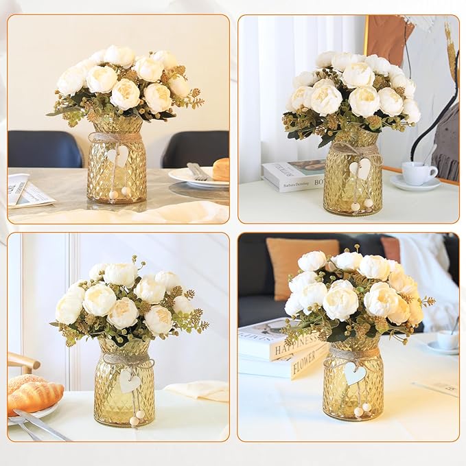 Faux Flowers in Vase,Fake Flowers in Vase 21 Pcs Faux Peony Flowers,Artificial Flowers for Home Decor, Indoor Centerpiece for Living Room & Dining Table (White)
