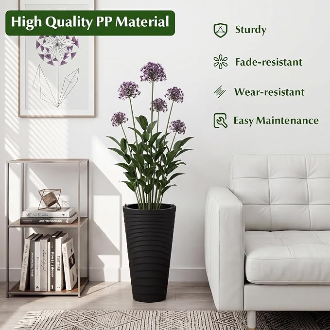 Giantex 18" Tall Flower Pot Set of 2, Modern Decorative Planter Pots w/Insert Bucket, Handle, Drainage Holes, Round Spiral Textured Flower Pots for Outdoor Indoor Garden Patio Front Porch (Black)