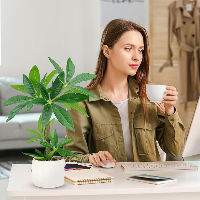 Small Money Tree Bonsai 15.2inch Artificial Desk Plant in White Ceramic Pot, Realistic Indoor Faux Potted Pachira Money Plant for Home Office Living Room Decor(Maintenance Free)