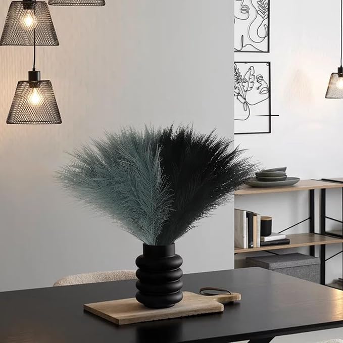 SeptCat 60 Pcs Pampas Grass Black and Dark Grey Decor 21.7" Fluffy Faux Short Pampas Grass Artificial Small Pompas Grass Flower Vase Filler for Home Wedding Decoration