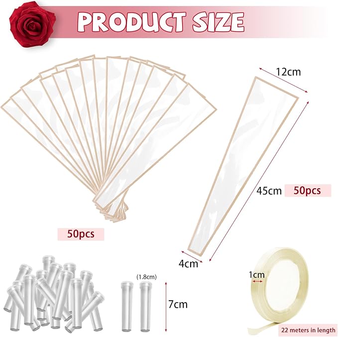 Bayurht 101 PCS Single Rose Sleeve Single with Ribbon and 50 Pcs Floral Water Tubes Flower Packaging Bags Single Flower Sleeve Flower Wrapping Bags for Bouquets Wrapping (White)