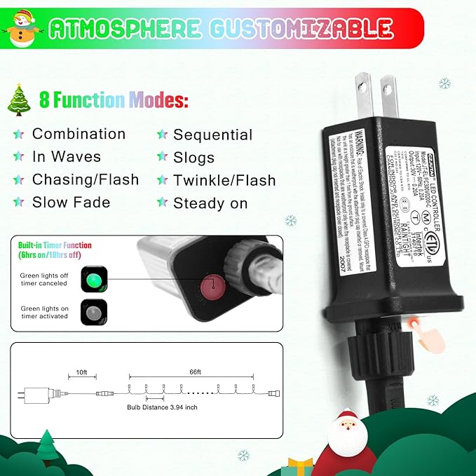 JMEXSUSS 200 LED Red White and Green Christmas Lights Outdoor, 66ft Connectable Twinkle String Lights Plug in, 8 Modes Waterproof Christmas Tree Lights for Outside Indoor Yard Xmas Decoration