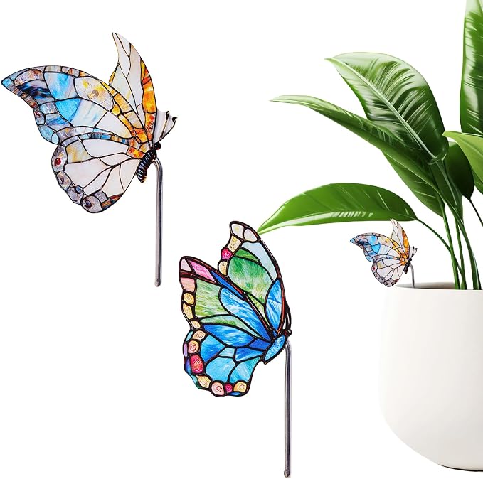 Flower Pot Decoration, 2Pcs Acrylic 2D Butterfly Plant Pot Hugger, 4.6 Inch Stained Butterfly Garden Stake Ornament Insert Decor for Indoor Patio (B)