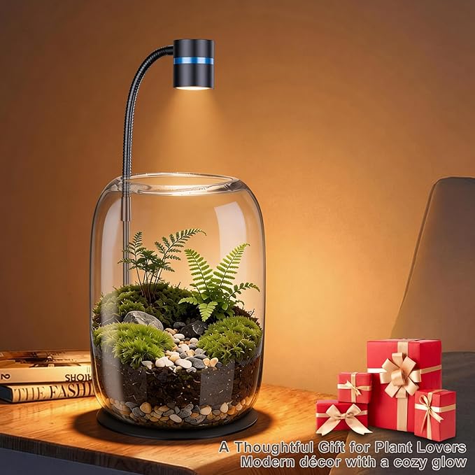 Glass Plant Terrarium with LED Grow Light(H:8.46" D:5.9"), Desktop Terrarium for Venus Fly Trap, Moss & Succulents, Borosilicate Indoor Planter for Home Office Decor