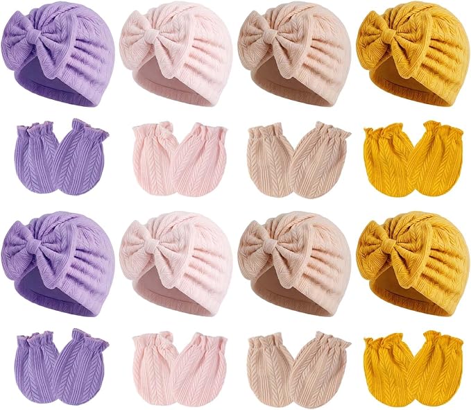 Newborn Baby Girl Hats Mittens Set Cotton Hospital Bow Hat Beanies Caps Gloves for New Born Girls 0-6 Months