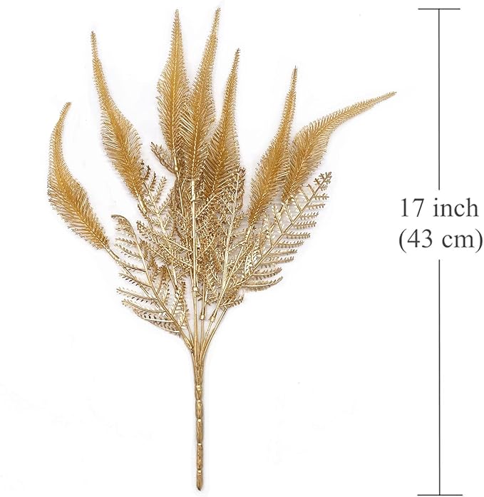 PASYOU Artificial Golden Plants Decoration, Fake Shrubs Plastic Leaves Faux Plant for Indoor Outdoor Home Garden Party Verandah Wedding DIY Christmas Decor Gold Foliage Tail Grass Bundles - 3 Pack