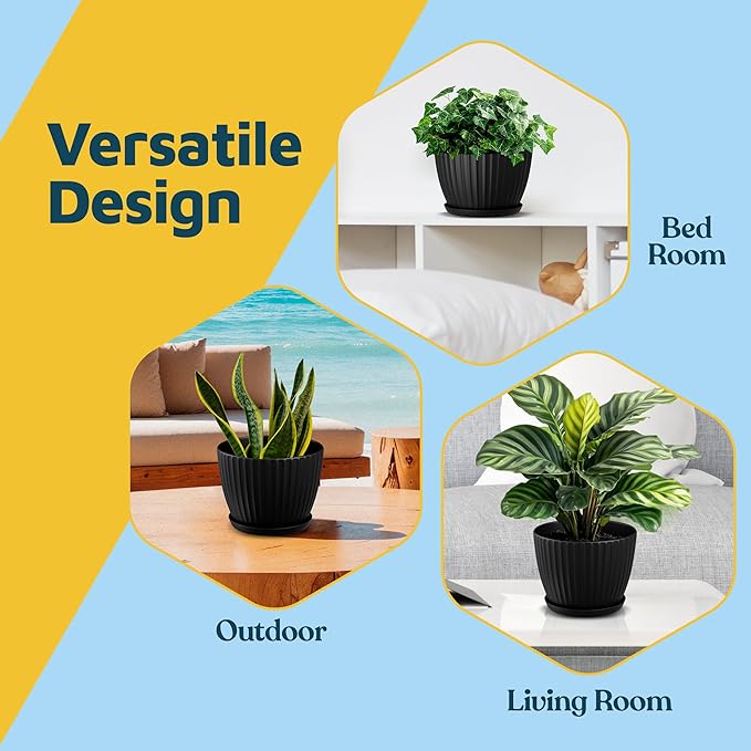 Black 6-Inch Plant Pots with Drainage & Saucers 24 Pack, Indoor & Outdoor Planters for Houseplants, Herbs, and Flowers, Durable & Weatherproof Material, Stackable, Lightweight, Minimalist Design