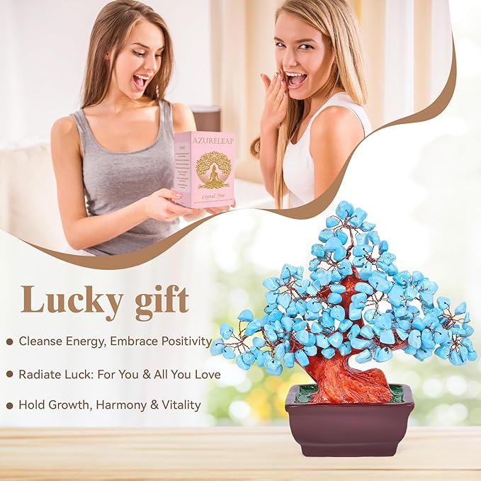 Feng Shui Quartz Crystal Money Tree Bonsai Style Decoration for Luck and Wealth (Blue)