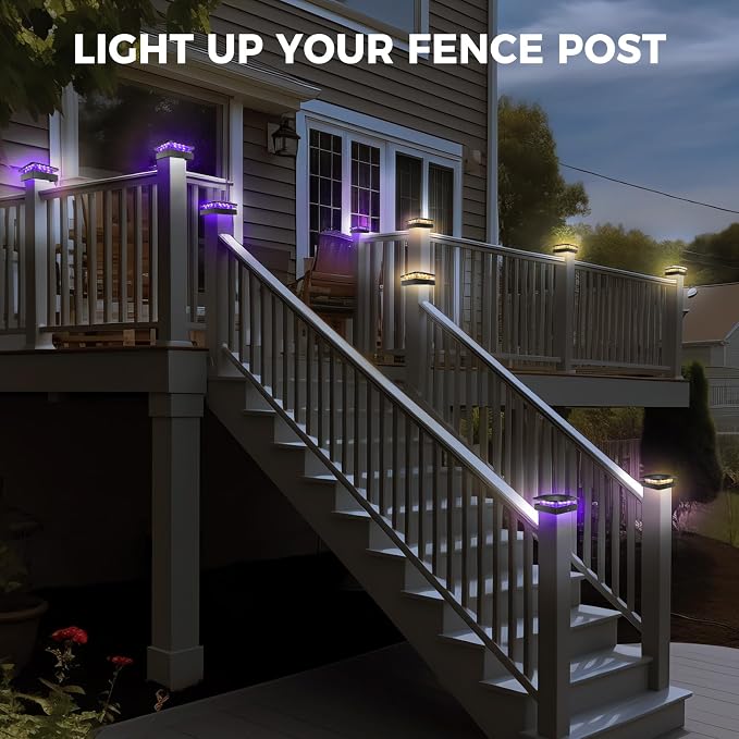 Peasur 4x4 Solar Post Lights Outdoor, 4 Packs Purple & Warm White LED Fence Caps Light Waterproof, Wood & Vinyl Post Top Lighting for Deck Mailbox Railing Porch Outside